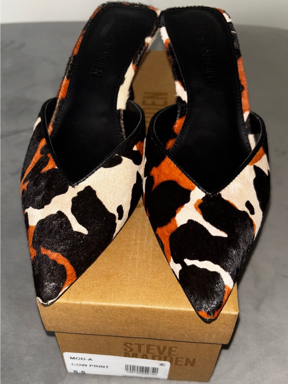 Steve Madden Women's Cow Print Pointed-Toe Mules - Black/White/Brown calf hair